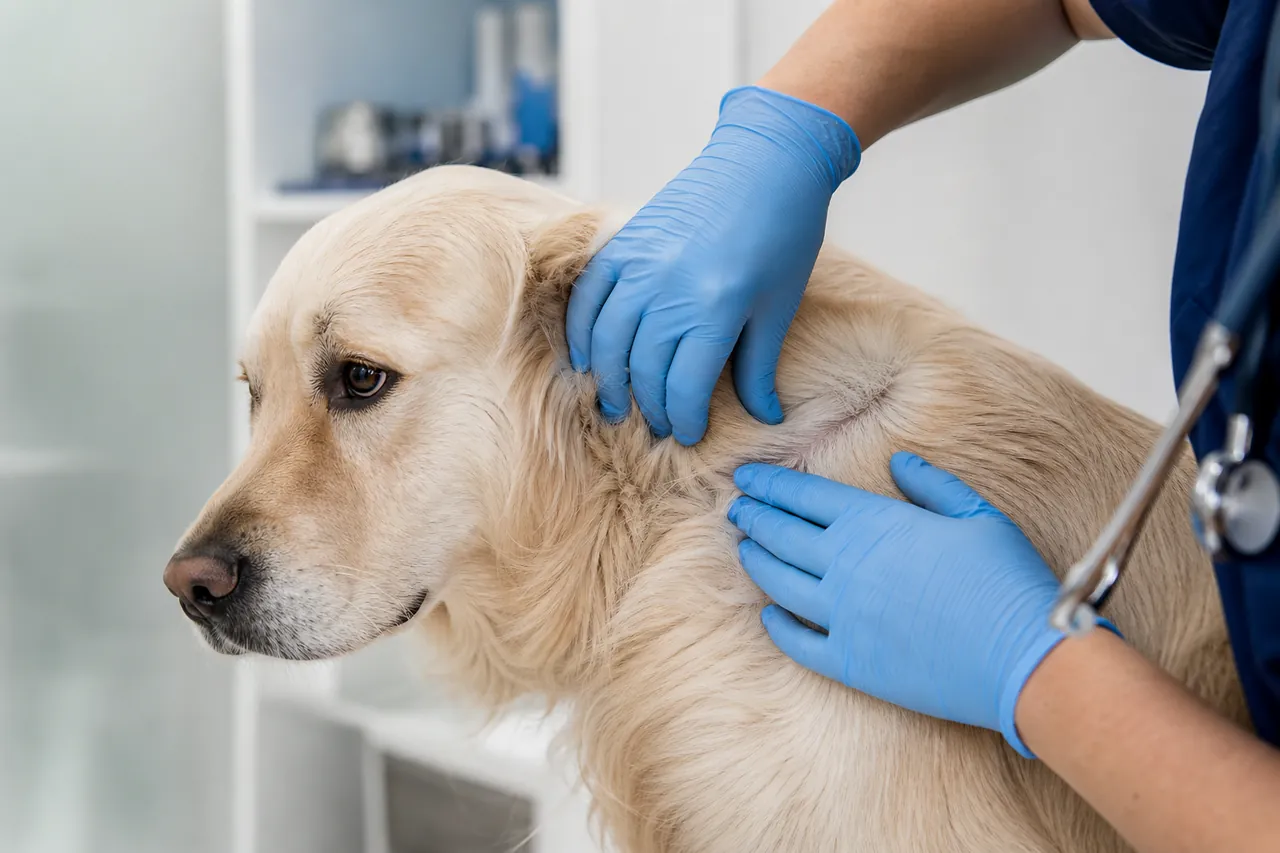 Vet examining the skin of a dog with atopic dermatitis