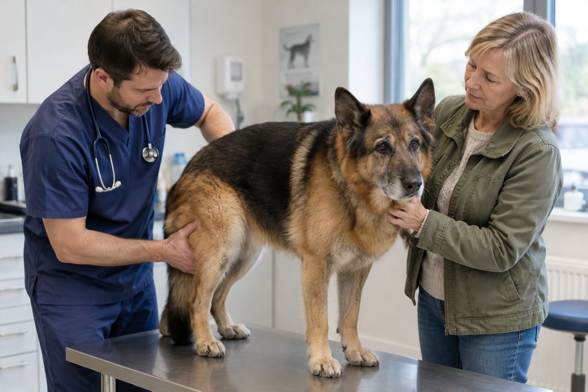 Vet examining a senior dog's hip during a check-up